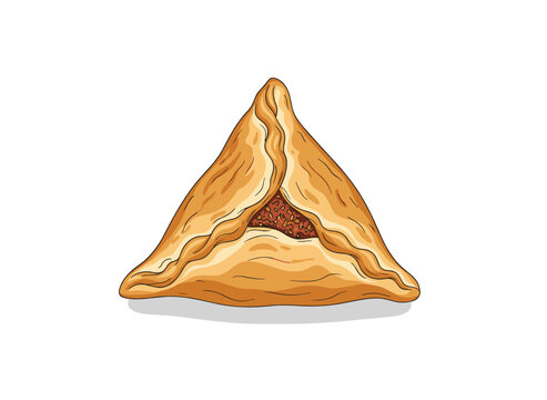 Golden-brown triangular savory pastry, reminiscent of a sambusa or fatayer, filled with a rich, flavorful dark filling.