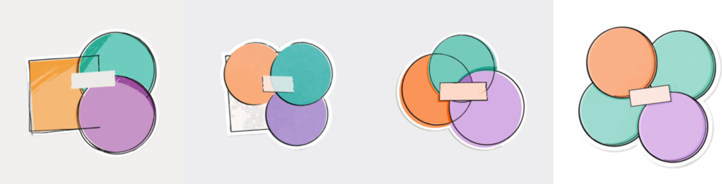 A vibrant, hand-drawn sticker featuring three overlapping circles in pastel orange, teal, and purple, connected by a central washi tape against a white background