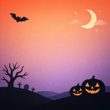 Halloween night background with glowing pumpkins crescent moon bat and spooky graveyard