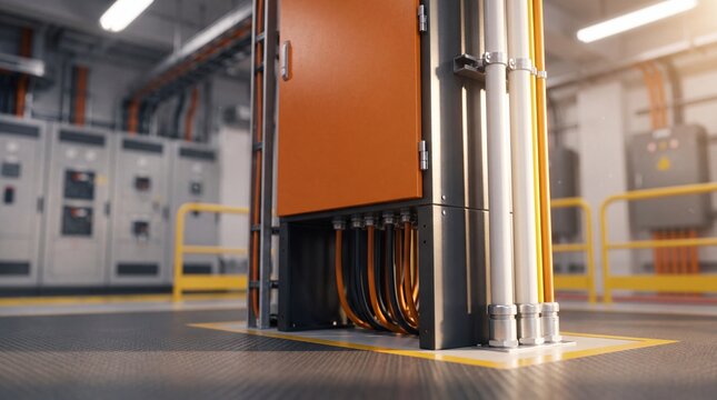 Electrical control panel in industrial server room facility. Orange switchboard cabinet with black power cables and white conduits. Modern power distribution system for technology