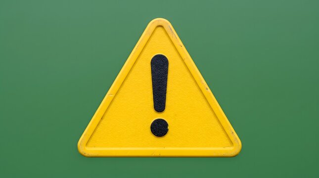 Yellow Triangular Caution Sign Featuring a Bold Black Exclamation Point Isolated on a Plain Green Surface for Safety Communication
