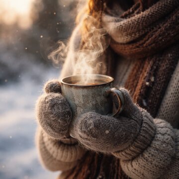 Woman holding a steaming hot drink in warm gloves outdoors on a cold snowy winter day