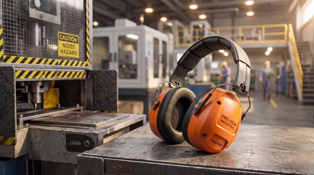 Industrial ear muffs for hearing protection on a metal workbench. Orange safety earmuffs sitting near heavy machinery. Noise hazard warning sign. Professional factory safety equipment
