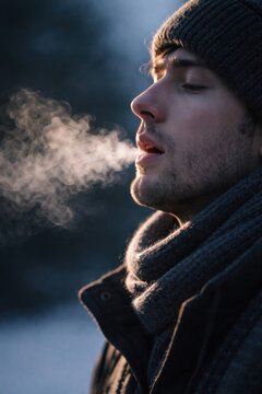 Young man breathing visible vapor in cold winter air while wearing warm hat and scarf