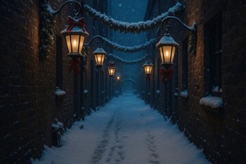 Fototapeta premium Cozy winter alley lanterns glow.