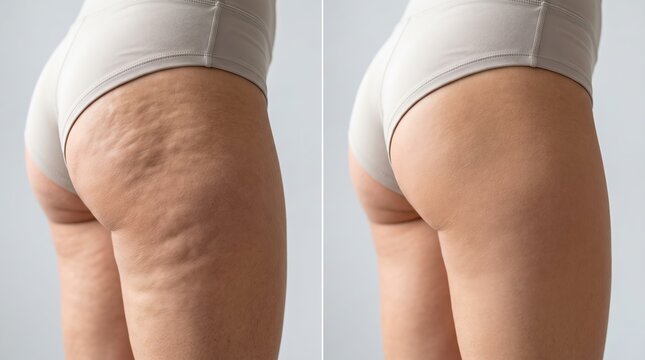 Before and after comparison of woman cellulite on thigh and buttock. Aging skin texture treatment result. Cosmetic procedure and body care concept for dermatology clinic