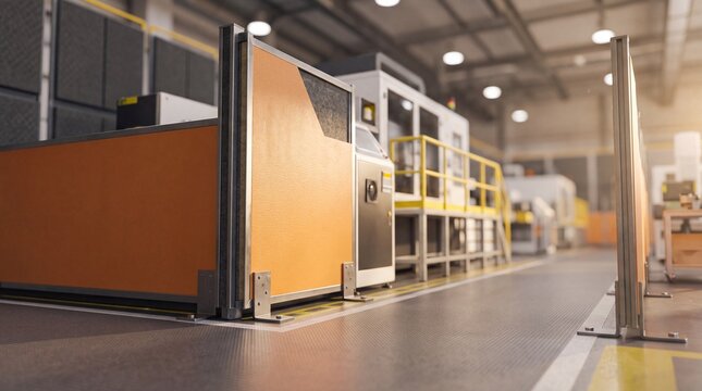 Industrial factory floor with safety barriers. Automated manufacturing machinery and orange protective partitions in a clean workspace. Modern production line facility with high ceiling