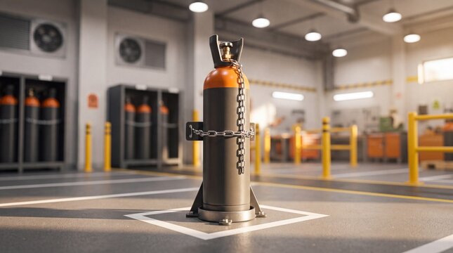 Gas cylinder safety in industrial workshop. Compressed oxygen tank secured with metal chains on a floor stand. High pressure fuel container in a modern factory garage environment