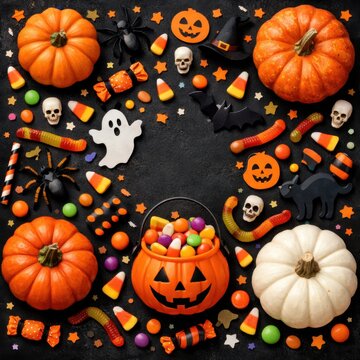 Halloween candy and pumpkin flat lay with spooky decorations on black background