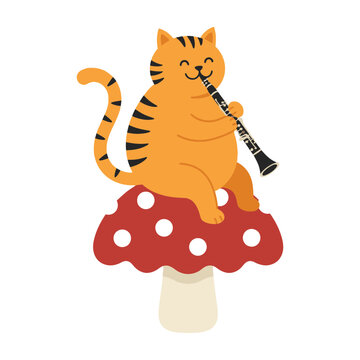 Cartoon tiger cat playing clarinet on red mushroom