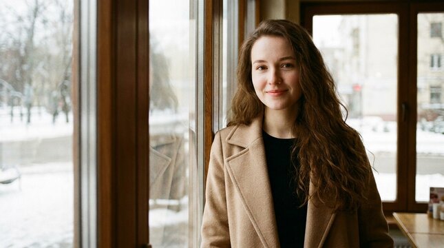 Woman smile near window indoors during winter.