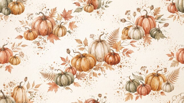 Watercolor seamless pattern with pumpkins and autumn leaves