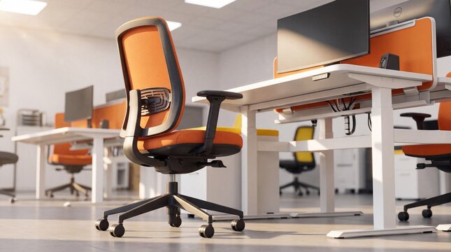 Modern office interior with ergonomic orange chairs and white desks. Bright open workspace features adjustable furniture and computer monitors. Professional corporate environment