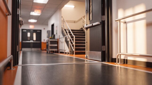 School hallway interior view. Empty corridor with orange walls and black doors. Metal handrails and concrete stairs leading up. Fluorescent ceiling lights. Industrial rubber flooring