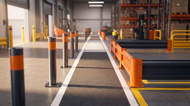 Warehouse safety walkway with orange bollards and metal barriers. Industrial distribution center interior. Logistics facility with marked pedestrian path and metal storage racking