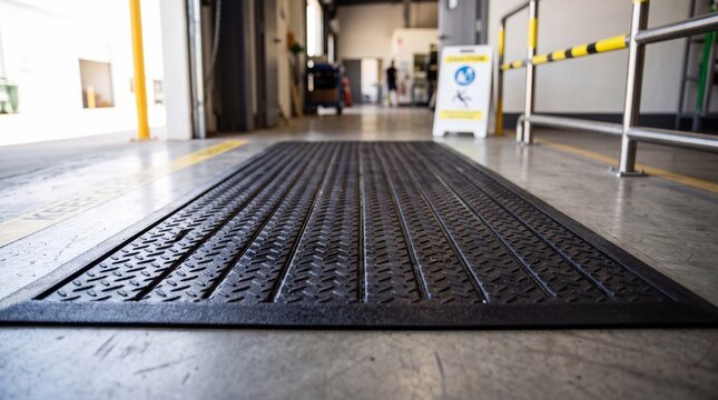 Industrial rubber floor mat. Black non-slip safety mat with diamond plate texture on concrete factory floor. Warehouse interior with yellow safety lines and metal railings. No people
