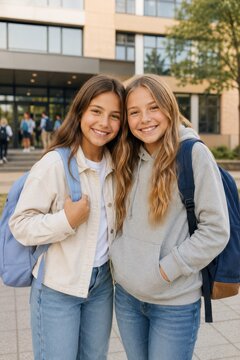 Happy teenage schoolgirls with backpacks smiling together outside a modern school building