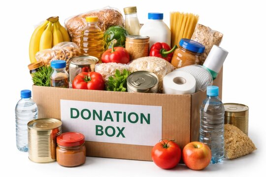 Donation box filled with food water and essential supplies for charity support and community assistance