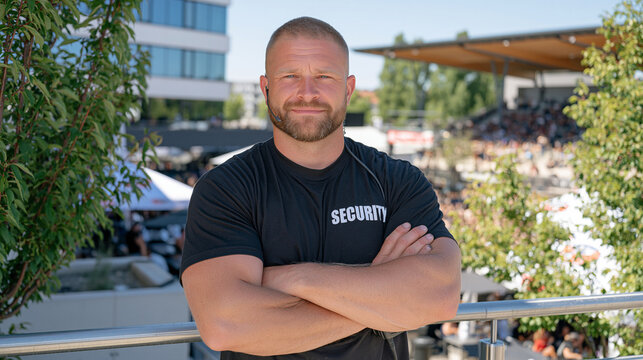 A solitary concert security officer stands post on a rooftop event venue under harsh midday sun, earpiece in place, scanning an outdoor amphitheater crowd below, urban festival safety and crowd mana