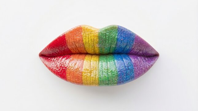 Close-up of rainbow lipstick on lips with pride flag colors isolated on white background. LGBTQ diversity and equality concept. Creative beauty makeup art for pride month