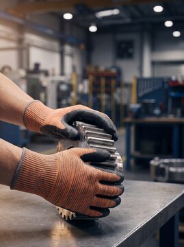 Industrial gear inspection. Worker wearing orange safety gloves holding heavy steel cogwheel. Mechanical engineering workshop setting. Metal manufacturing plant. Vertical orientation