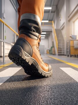 Safety work boots concept photo. Worker foot wearing brown leather protective footwear stepping on a textured warehouse floor with yellow lines. Industrial factory interior background