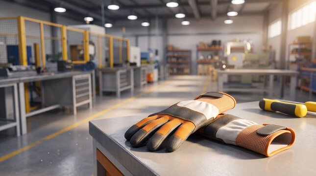 Work safety gloves on metal workbench in factory. Protective gear on workshop table. Industrial interior with machinery and tools. Equipment for manual labor and manufacturing safety