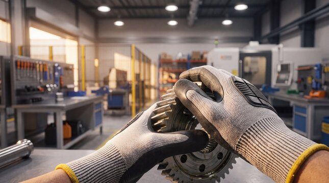 Mechanical engineer hands in safety gloves holding metal gears in a factory. Precision engineering and industrial maintenance. POV shot of worker inspecting steel machinery components