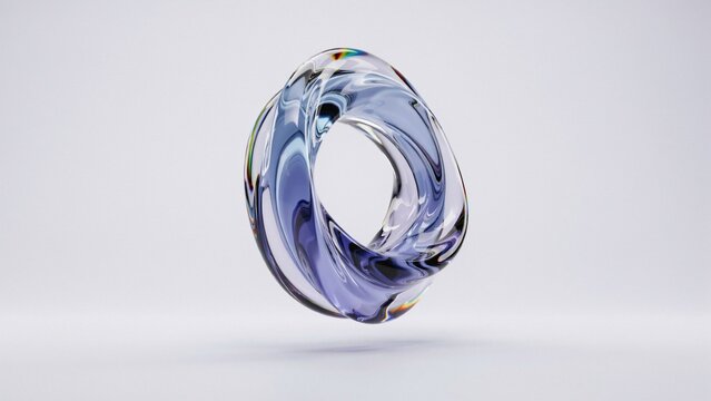 Twisted glass torus shape with blue and iridescent refractions