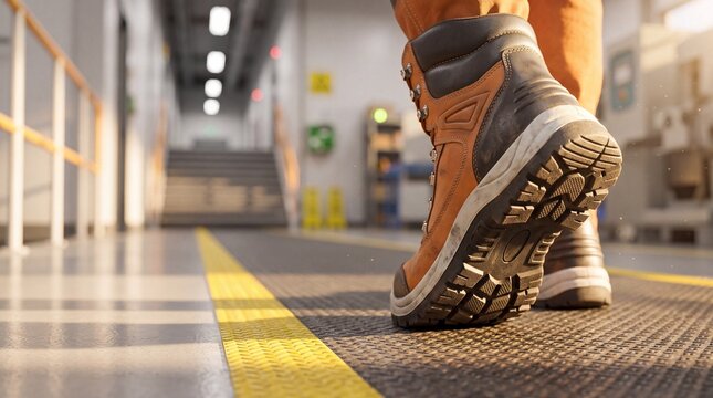 Work boots and safety footwear concept. Close up of leather industrial boots walking on a factory floor. Yellow safety lines and metal stairs in a modern manufacturing warehouse hall