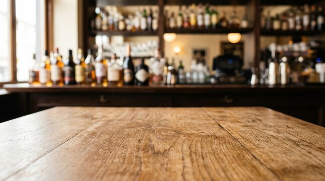 Empty wooden table in focus with blurred bar counter and alcohol bottles in background. Pub interior with copy space for product display and montage. Restaurant hospitality and nightlife concept.