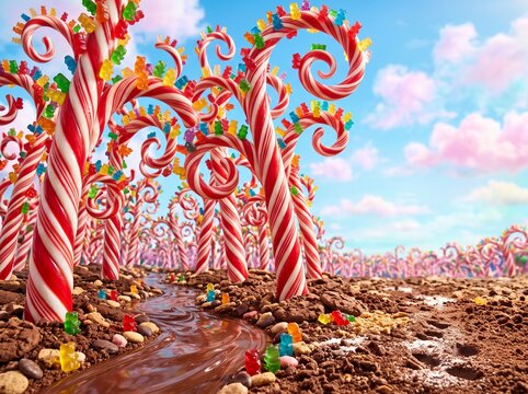 Whimsical Fantasy Candy Land Landscape with Chocolate River, Candy Cane Trees and Gummy Bears