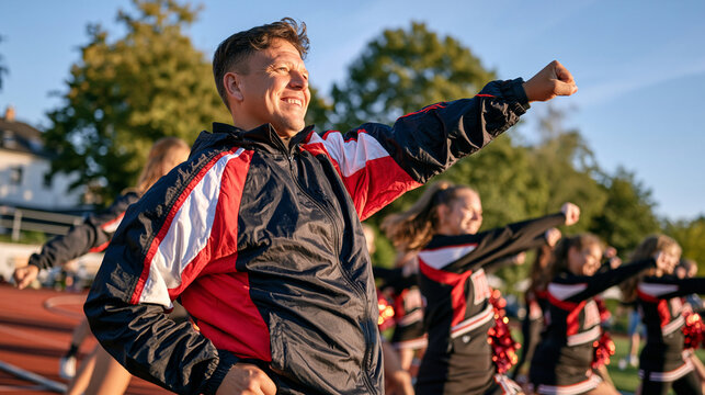 An elderly cheerleading coach demonstrates a precise arm motion to a teenage squad at golden hour on an outdoor athletic track, her decades of experience evident in the deliberate posture, long ambe