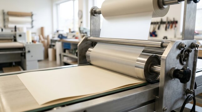 Industrial laminating machine processing paper roll in print shop. Manufacturing equipment for packaging and printing production. Automated factory technology concept.