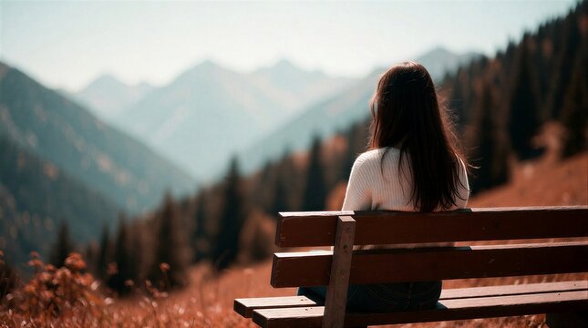 Young woman with long hair sitting on a wooden bench admiring majestic mountain peaks during autumn season.