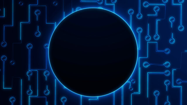 Blue circuit board circle frame on dark background, clean futuristic technology illustration with central copy space and glowing lines.