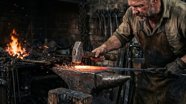 Man blacksmith hammering glowing hot metal on anvil with sparks in traditional forge workshop. Manual craftsmanship and metallurgy concept. Hard manual labor and artisan skill