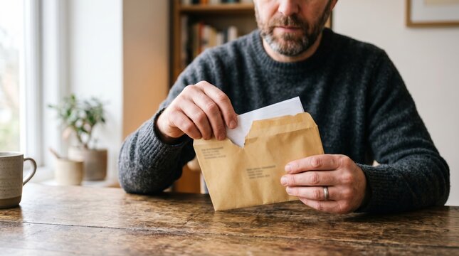 Man opening brown envelope and pulling out letter at table at home. Receiving mail with official document, bill or notification. Correspondence and postal service concept.
