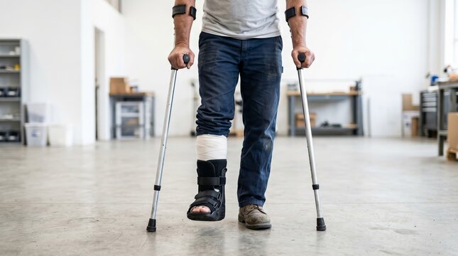 Man with leg injury wearing orthopedic boot walking with crutches in workshop. Workplace accident and rehabilitation concept. Recovery from trauma and disability support
