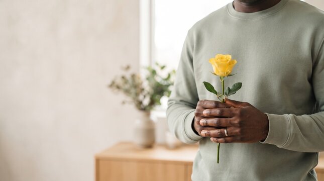 Pessoa adulta segurando delicadamente uma flor amarela sem mostrar o rosto, representando esperan&ccedil;a, acolhimento, cuidado emocional e conscientiza&ccedil;&atilde;o durante Setembro Amarelo