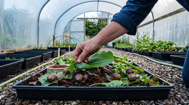 Farm worker checks a snail breeding bed at cool dawn