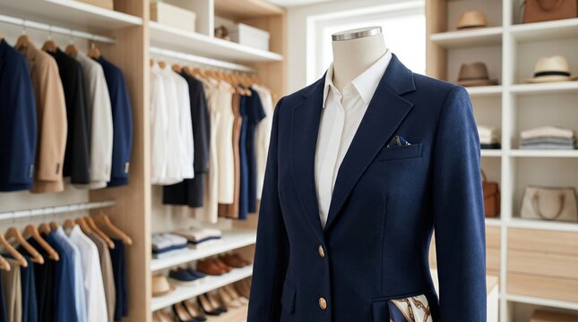 Navy blazer on mannequin in luxury walk in closet with organized clothing rack. Business fashion wardrobe and elegant formal wear concept for boutique retail display