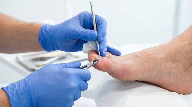 Podiatrist treating ingrown toenail on patient foot with professional medical tool. Clinical foot care and podiatry procedure. Healthcare treatment concept for nail disease therapy