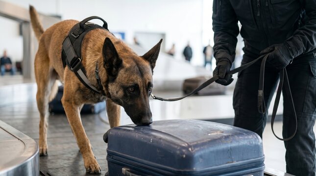 Police dog sniffing suitcase at airport baggage claim. Handler with drug detection K9 inspecting luggage for contraband. Airport security, customs control and narcotics search concept