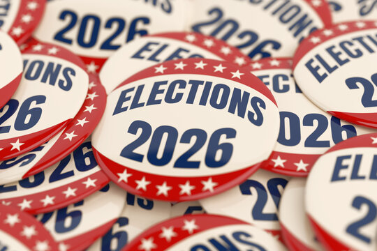 USA Elections, Voting, Democracy And Civic Participation Concept. Pile Of Elections 2026 Badges In Red, White And Blue. 3d Rendering