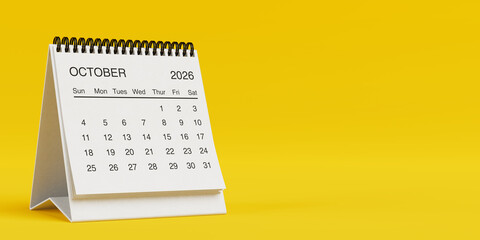 Obraz na płótnie Canvas White Desk Monthly October 2026 Business Calendar. 3d Rendering