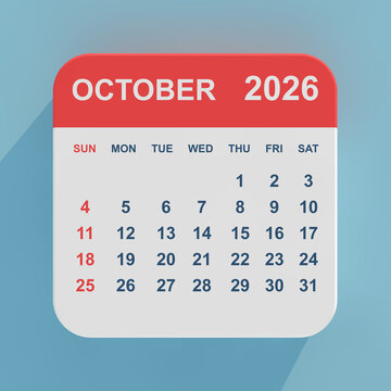 Flat Icon Calendar October 2026. 3d Rendering