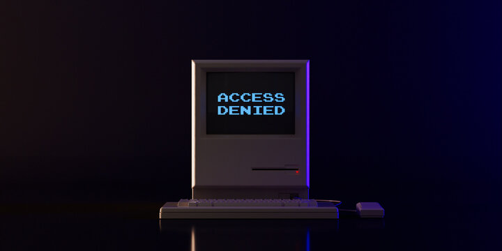 Cybersecurity, Access Control, Digital Security And Unauthorized Entry Concept. Old Computer Screen Displays Access Denied Message. 3d Rendering