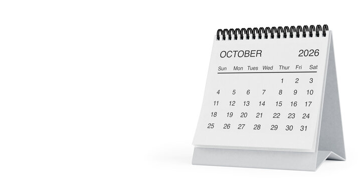 White Desk Monthly October 2026 Business Calendar. 3d Rendering