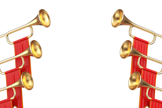 Fanfare, Celebration, Ceremony, Announcement And Festive Music Concept. Golden Trumpets With Red Banners Framing White Copy Space. 3D Rendering